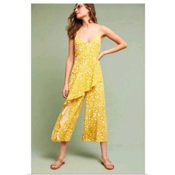 Anthropologie Maeve Women's Floral Jumpsuit Wide Leg Cropped Goldenrod Size 0 Xs - Picture 1 of 16